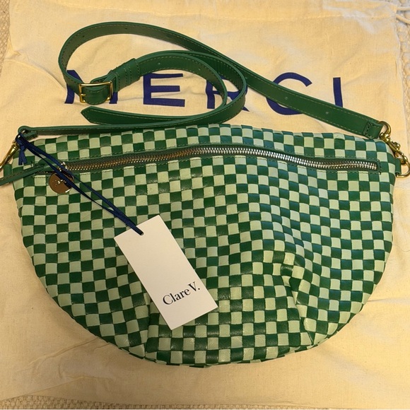 Clare V. Grande Fanny in Fern & Mist Woven Checker NWT - Picture 2 of 7